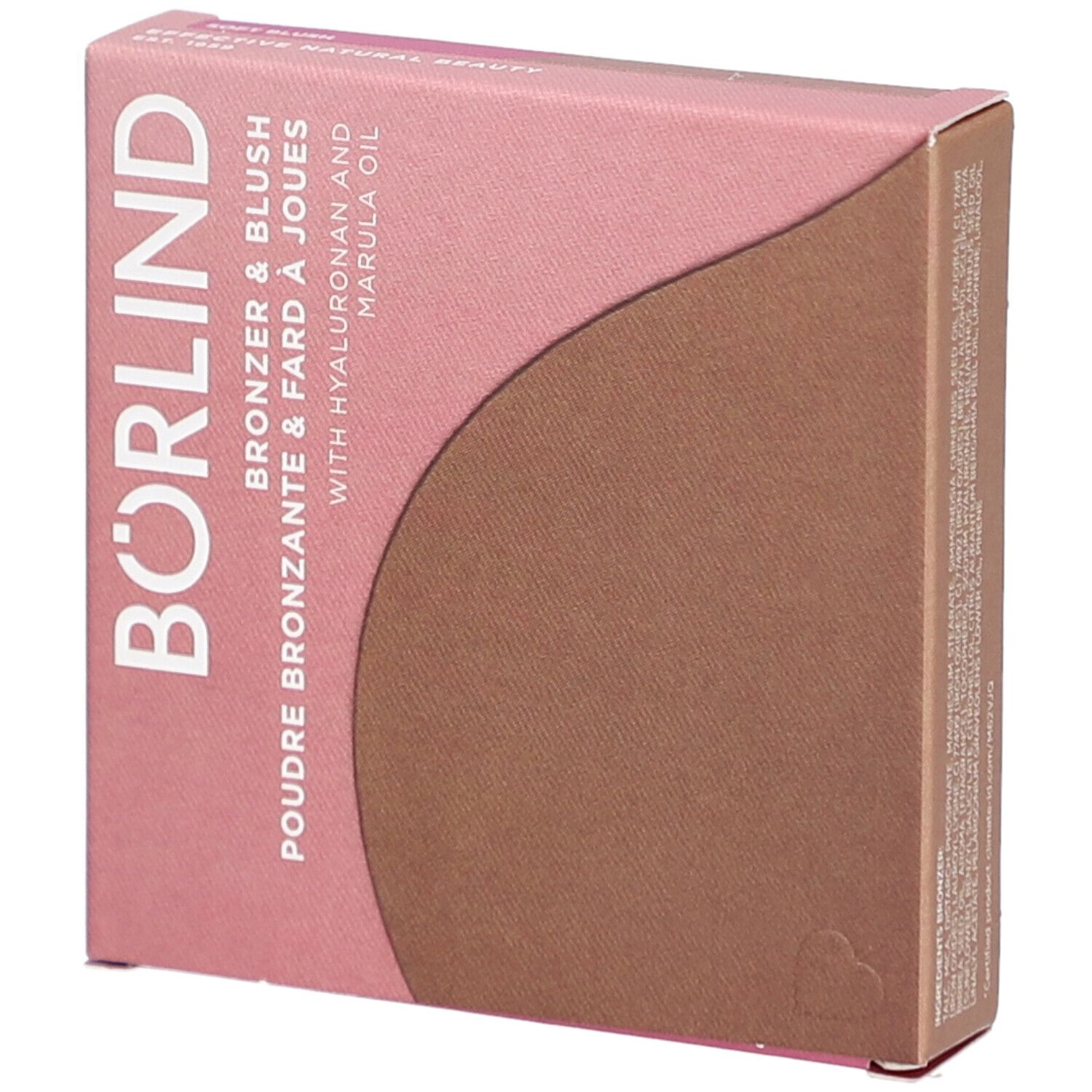 Roze-bruine kartonnen verpakking. Tekst: BÖRLIND, Bronzer & Blush, Poudre Bronzante & Fard à Joues, met hyaluron en marula-olie.