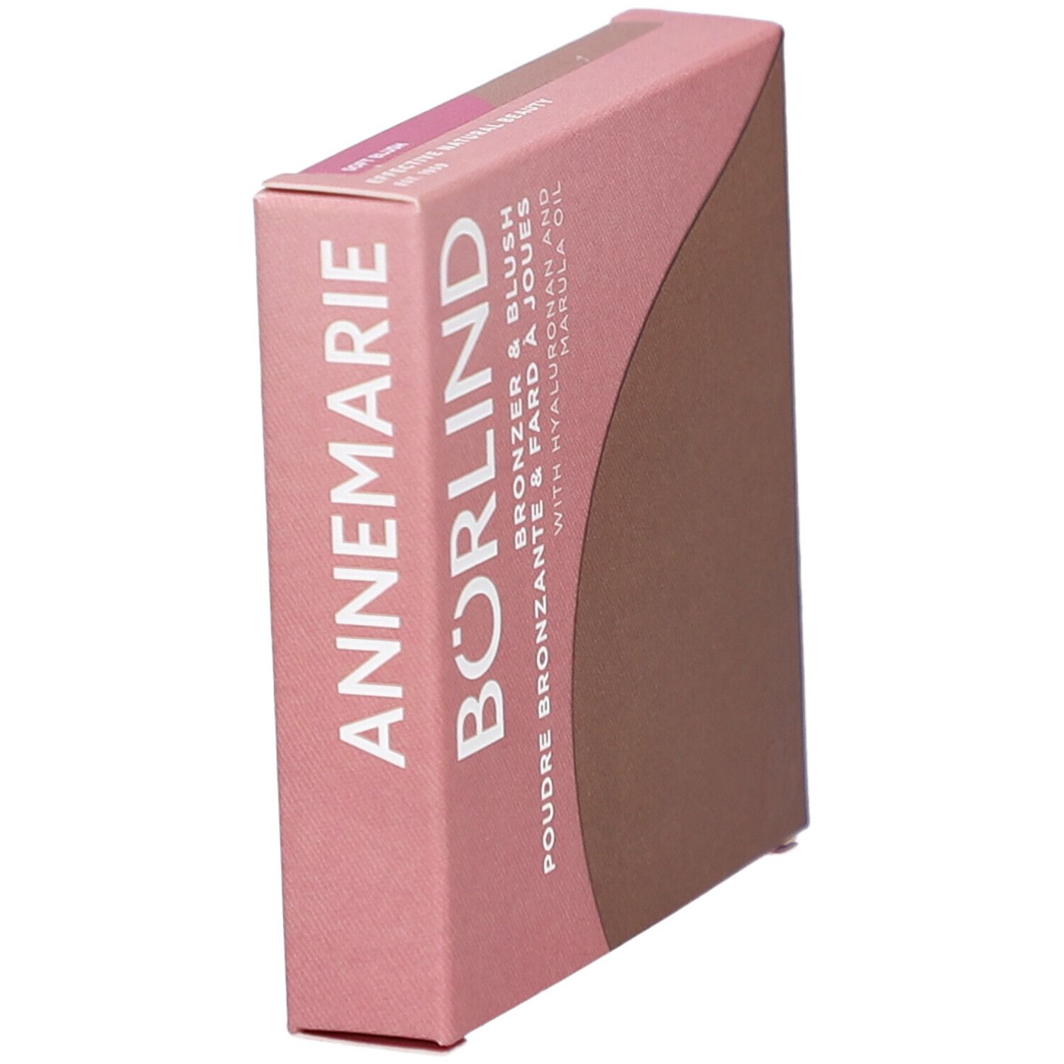 Roze-bruine kartonnen verpakking. Tekst: ANNEMARIE BÖRLIND, Bronzer & Blush, Poudre Bronzante & Fard à Joues, met hyaluron en marula-olie.
