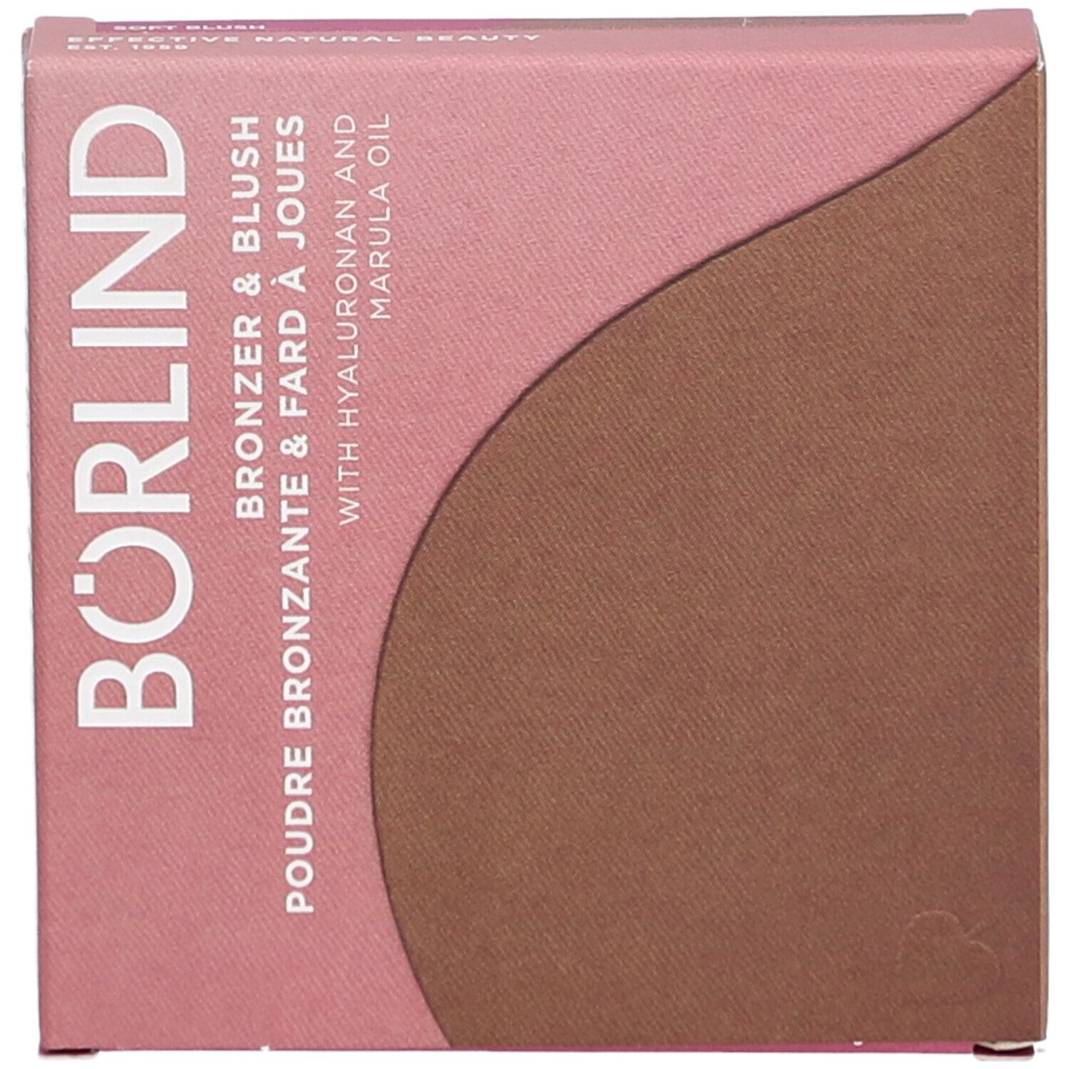 Roze-bruine kartonnen verpakking. Tekst: BÖRLIND, Bronzer & Blush, Poudre Bronzante & Fard à Joues, met hyaluron en marula-olie.