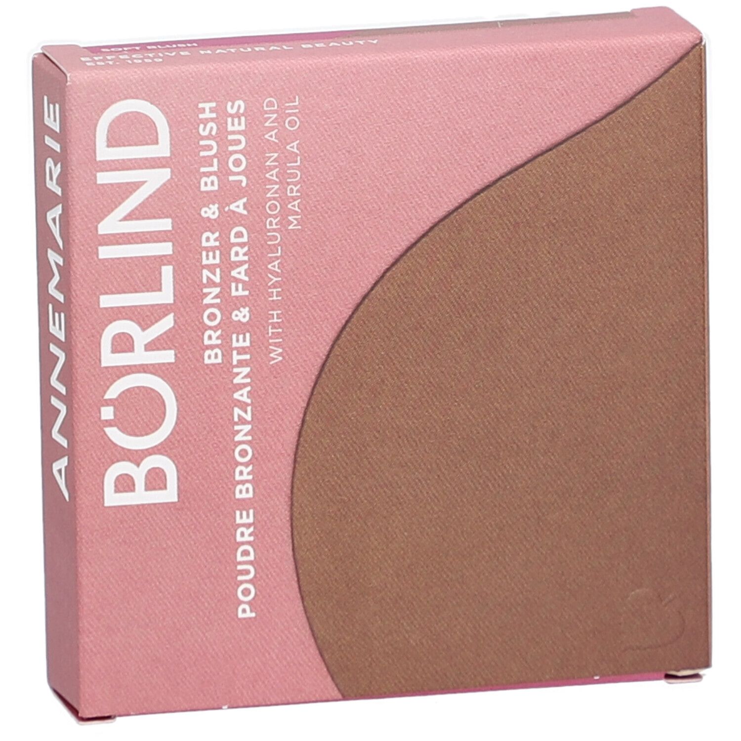 Roze-bruine kartonnen verpakking. Tekst: ANNEMARIE BÖRLIND, Bronzer & Blush, Poudre Bronzante & Fard à Joues, met hyaluron en marula-olie.