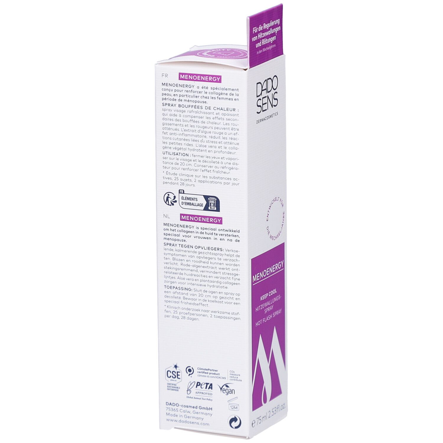 Vue latérale de l'emballage. Texte en allemand, français, néerlandais. Logos: CSE, PETA, Vegan. Volume: 75ml.