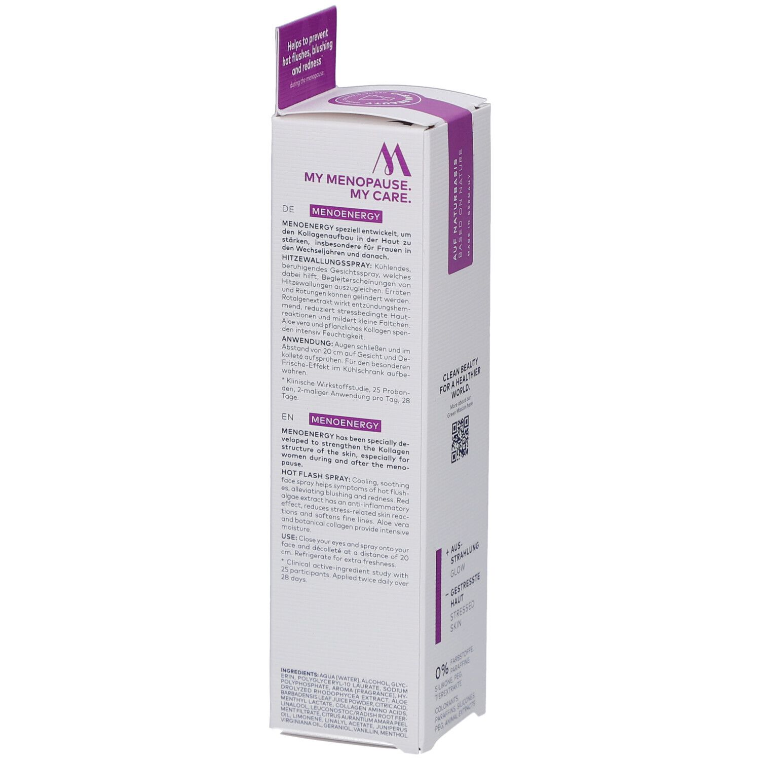 Emballage avec texte: My Menopause, My Care. Texte en allemand et anglais. Code QR. Logos: CSE, PETA, Vegan.