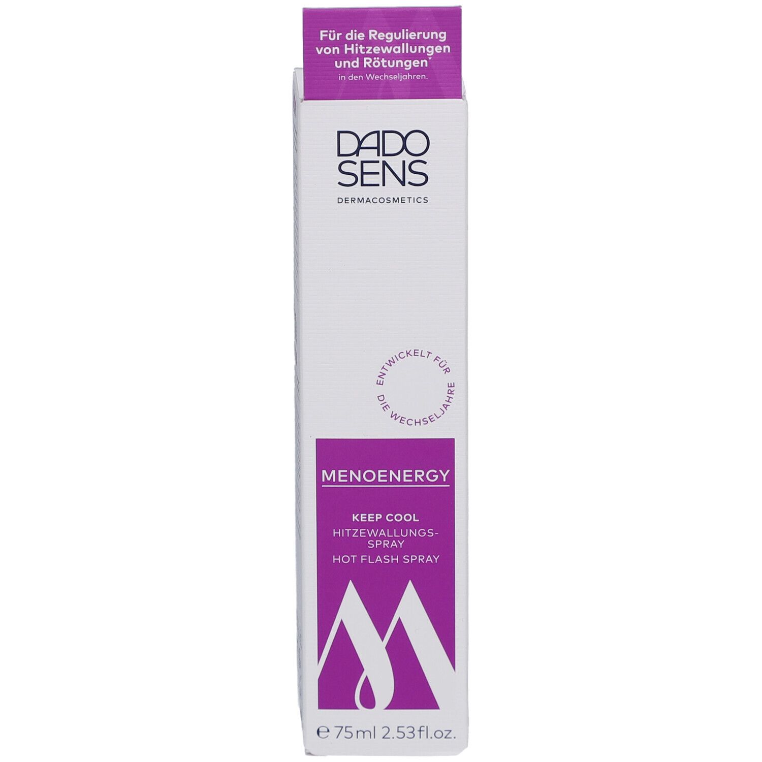Boîte blanche avec accents violets. Inscription: DADOSENS, MENOENERGY KEEP COOL Hitzewallungs-Spray. Volume: 75ml.