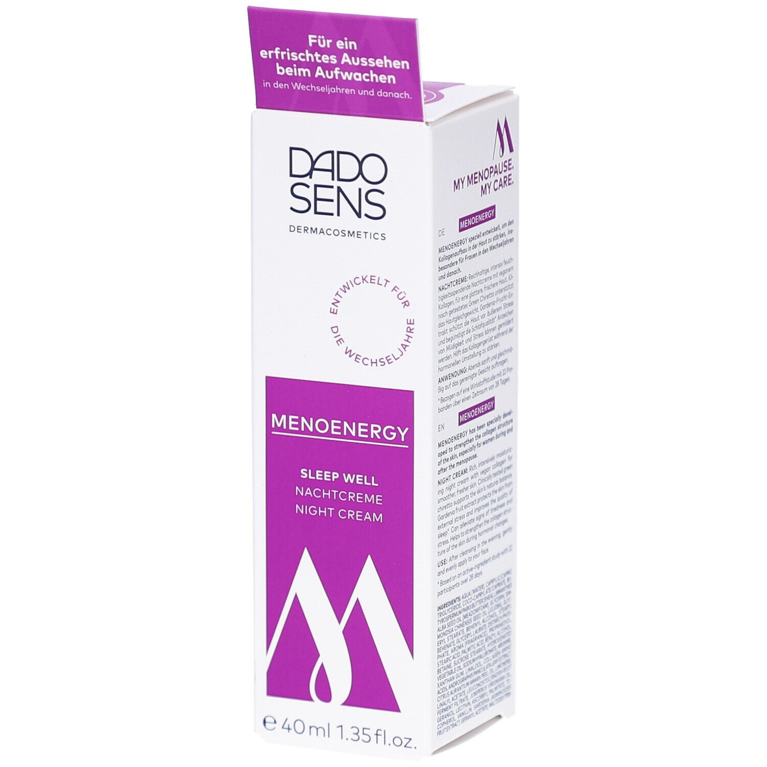 Verpakking van DADOSENS MENOENERGY SLEEP WELL Nachtcreme. Paarse accenten, productnaam en logo zichtbaar. 40ml.