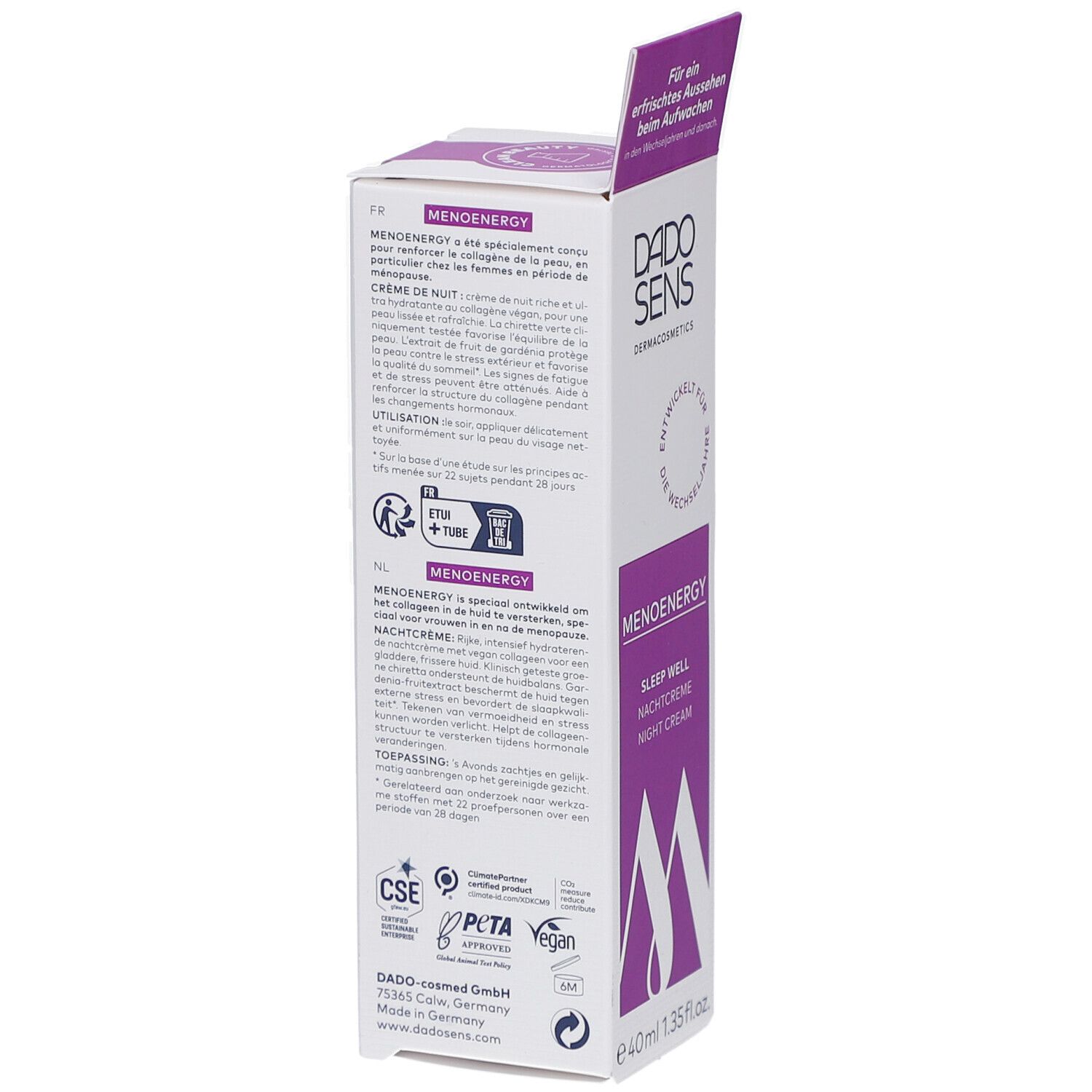 Achterkant van de verpakking van DADOSENS MENOENERGY SLEEP WELL Nachtcreme. Meertalige tekst, logo's en certificeringen.