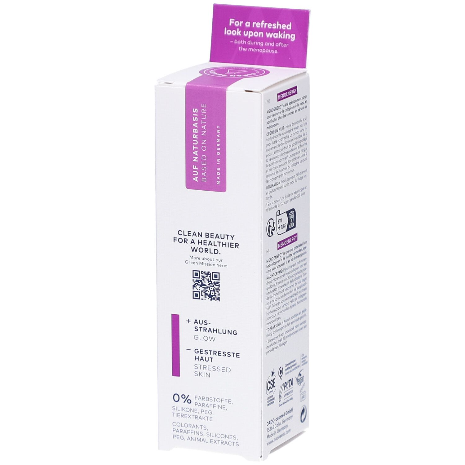 Verpakking van DADOSENS MENOENERGY SLEEP WELL Nachtcreme. Opschrift 'Auf Naturbasis'. QR-code en tekst over de huid.