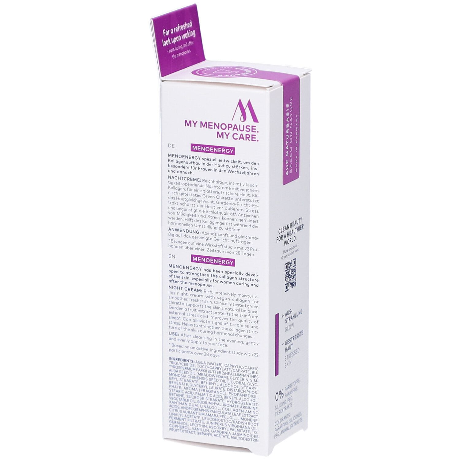 Zijkant van de verpakking van DADOSENS MENOENERGY SLEEP WELL Nachtcreme. Meertalige tekst, productinformatie.