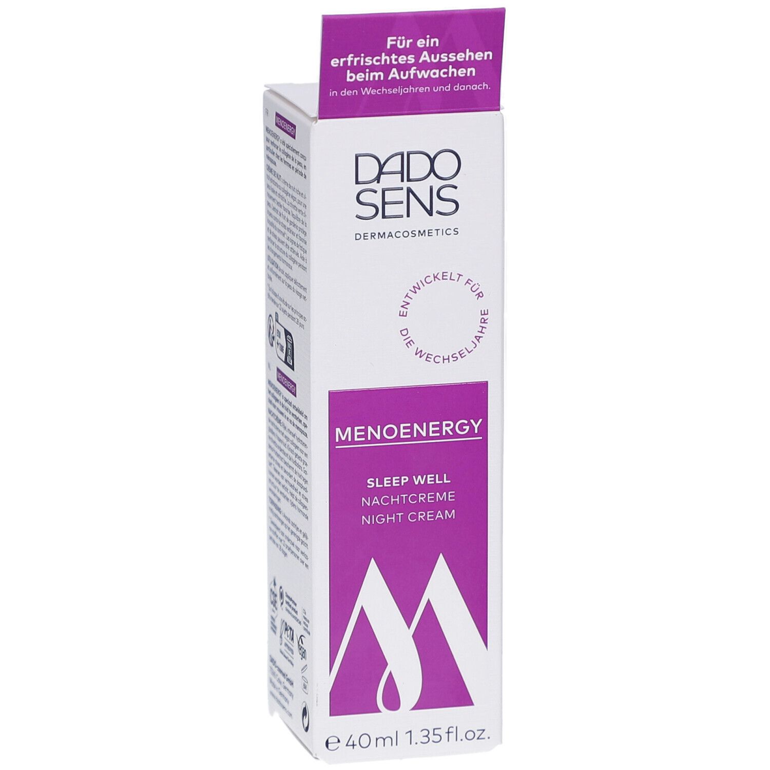 Voorkant van de verpakking van DADOSENS MENOENERGY SLEEP WELL Nachtcreme. Productnaam, logo en tekst zichtbaar.