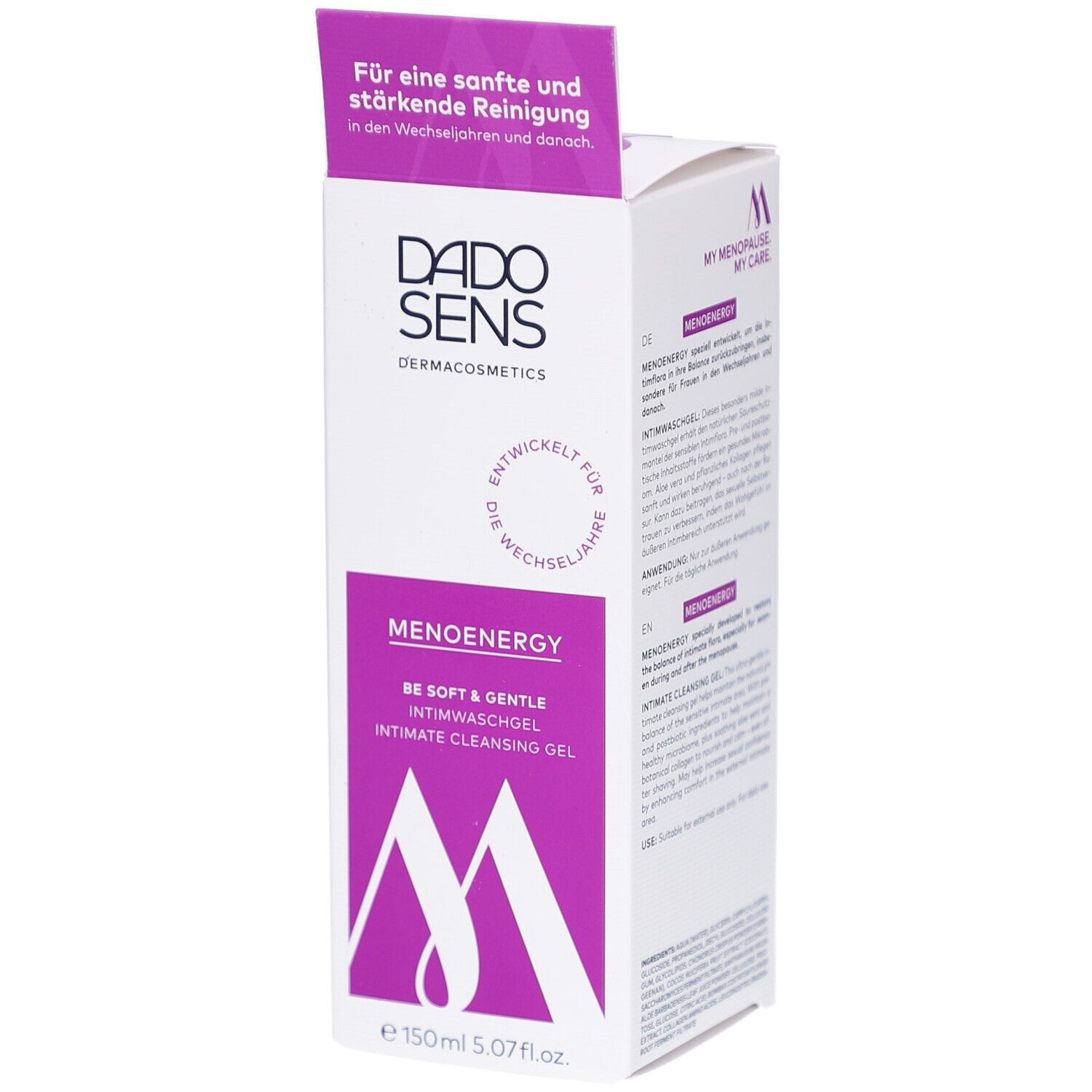 Witte doos met paarse accenten. Opschrift: DADO SENS, MENOENERGY, intieme wasgel. Tekst: Voor zachte reiniging in de menopauze.