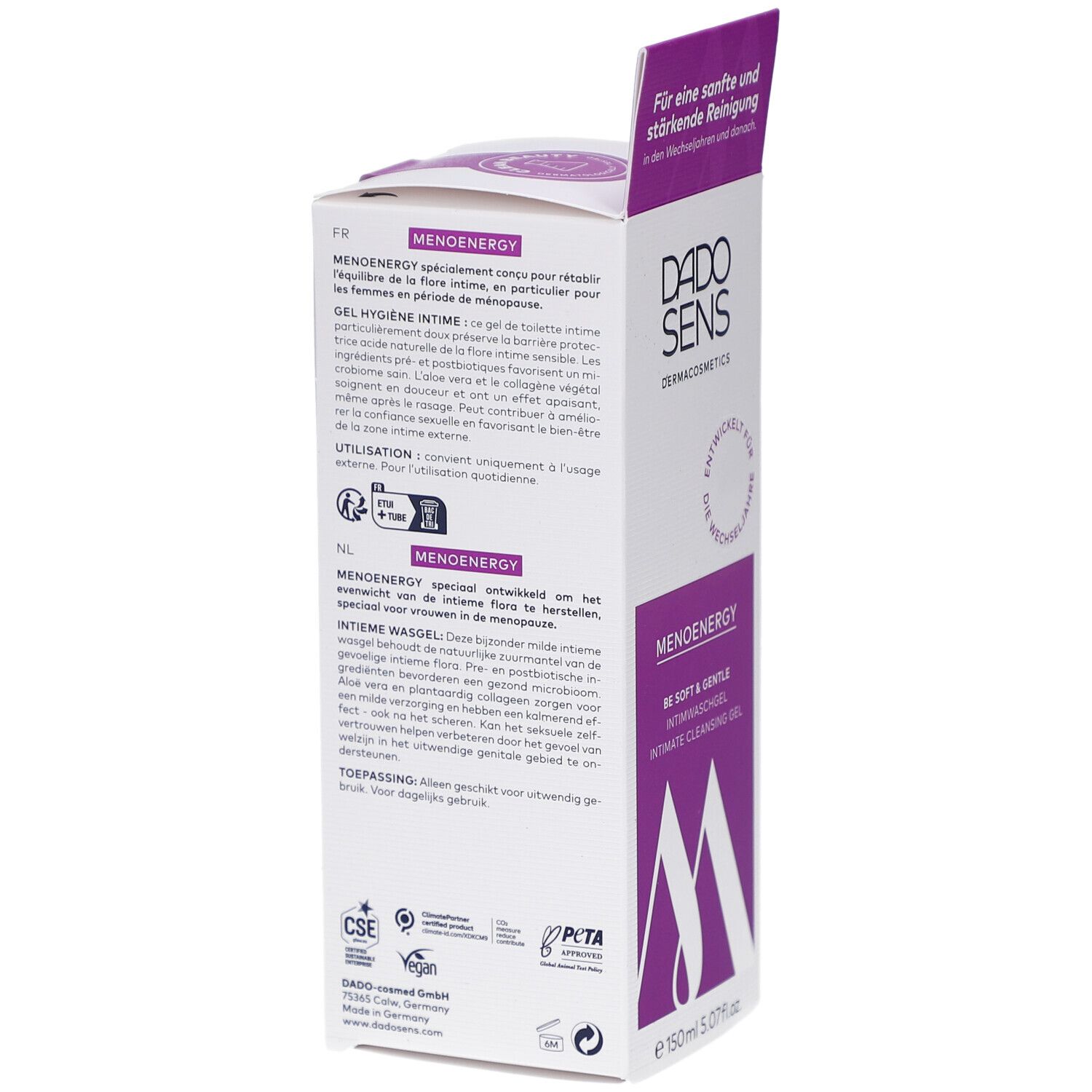Doos van DADO SENS MENOENERGY. Achterkant met tekst in het Duits, Frans, Nederlands. Logo's: CSE, PETA. Made in Germany.