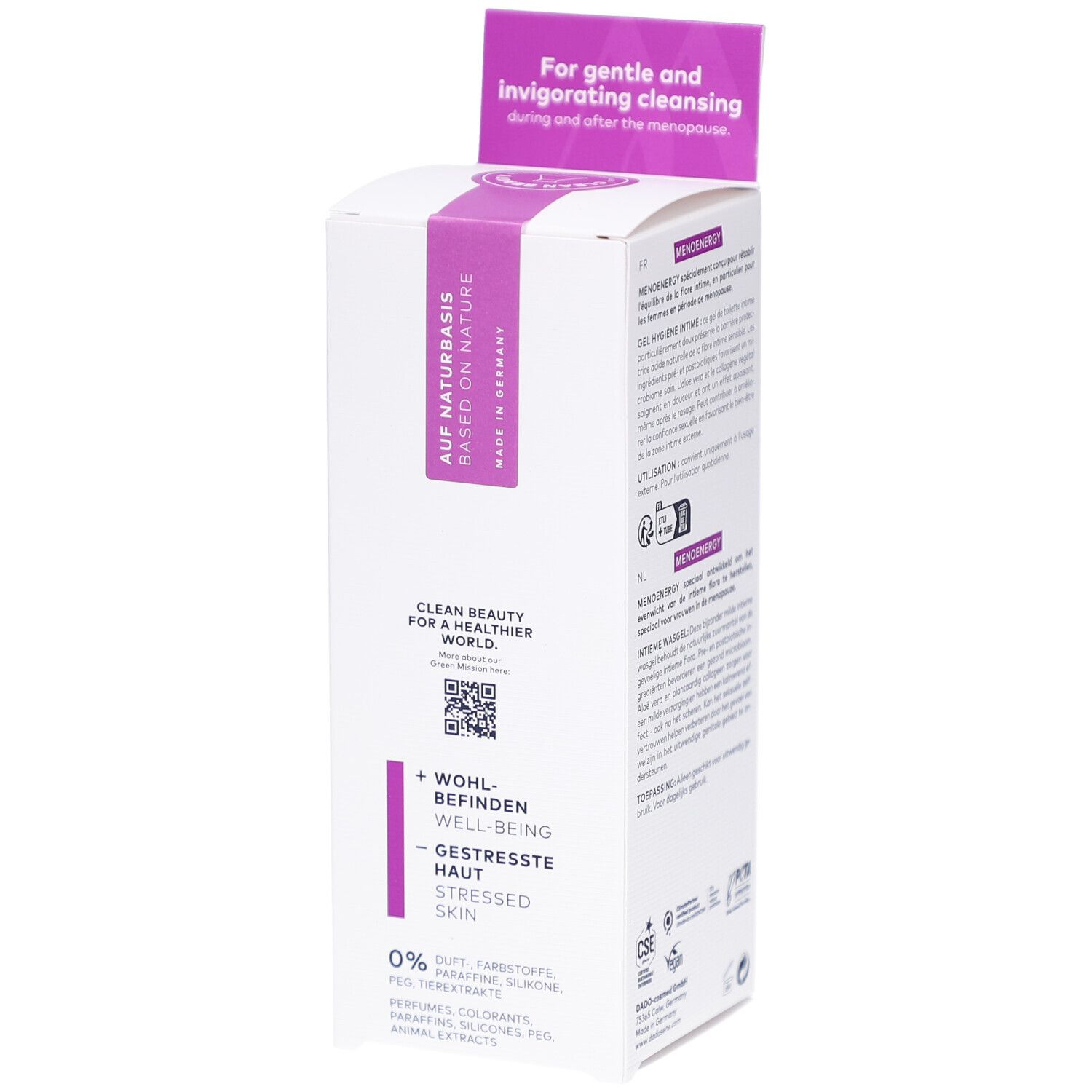 Doos van DADO SENS MENOENERGY. Opschrift: Op basis van de natuur, Made in Germany. Tekst: Clean Beauty. QR-code.