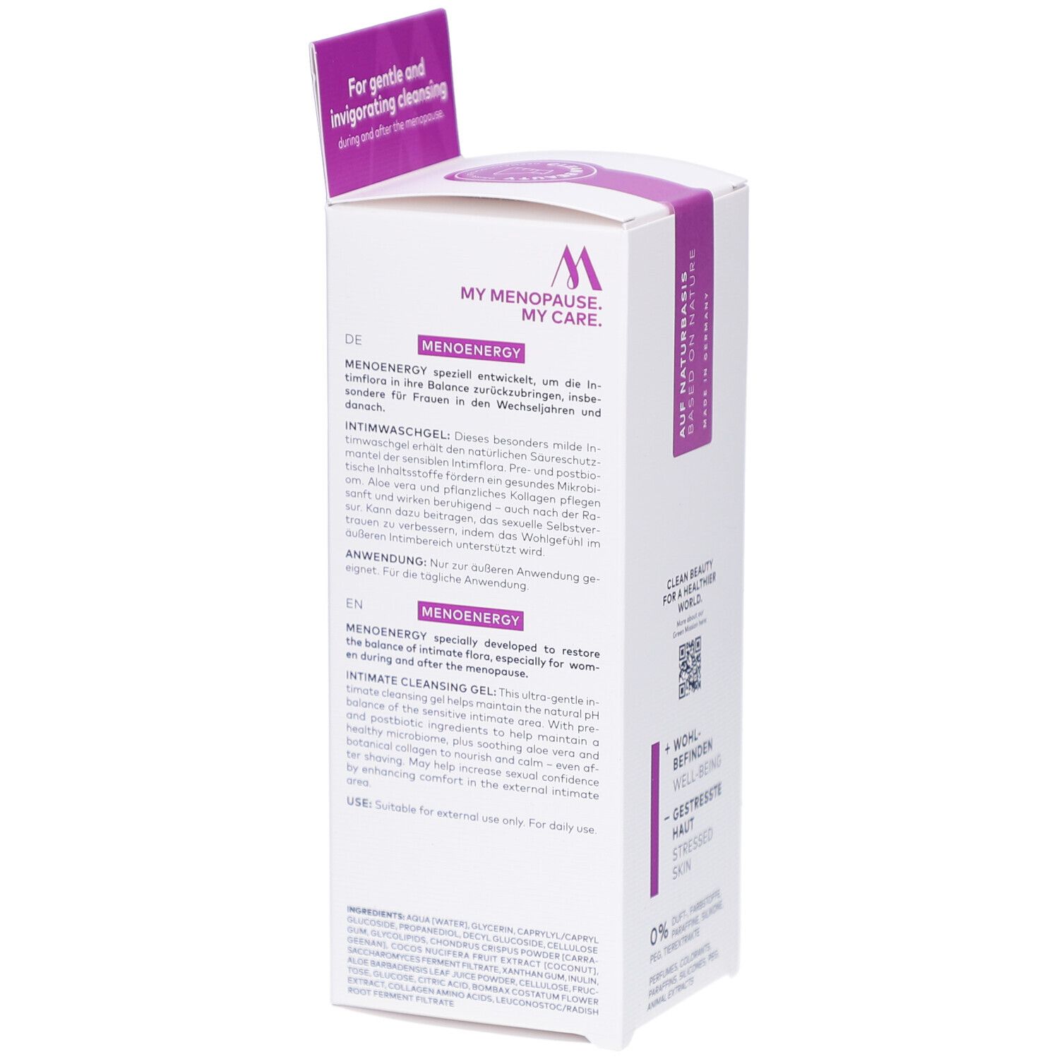 Doos van DADO SENS MENOENERGY. Opschrift: My Menopause, My Care. Tekst in het Duits en Engels. Ingrediënten.