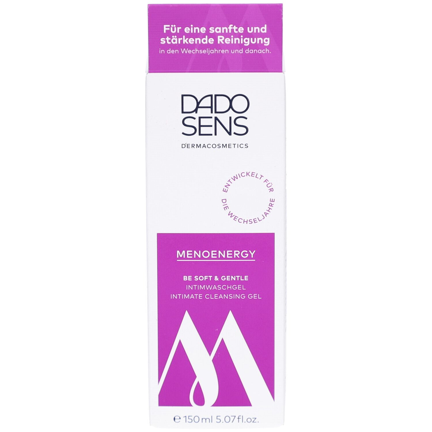 Witte doos met paarse accenten. Opschrift: DADO SENS, MENOENERGY, intieme wasgel. Volume: 150ml.