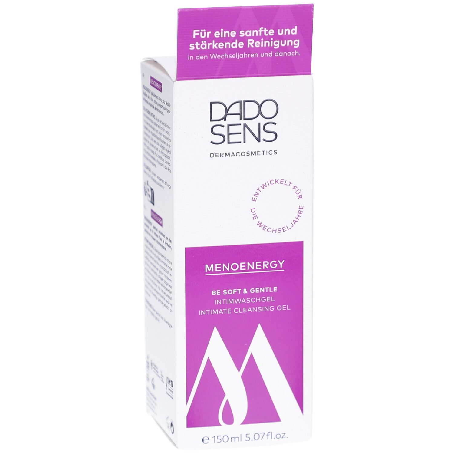 Witte doos met paarse accenten. Opschrift: DADO SENS, MENOENERGY, intieme wasgel. Volume: 150ml. Schuine weergave.