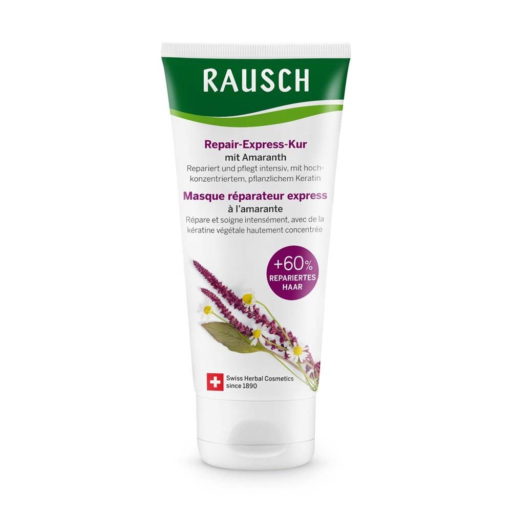 Witte tube met groene dop en opschrift RAUSCH. Productnaam: Repair-Express-Kur mit Amaranth. Zwitserse kruiden cosmetica.