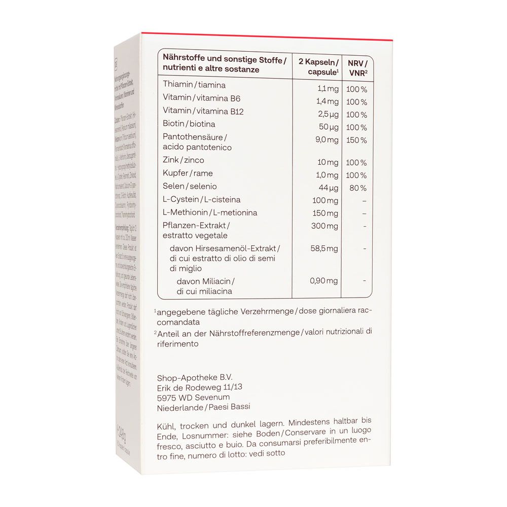 Achterkant verpakking Redcare Vita+ Hair Forte. Bevat voedingsinformatie en ingrediënten.