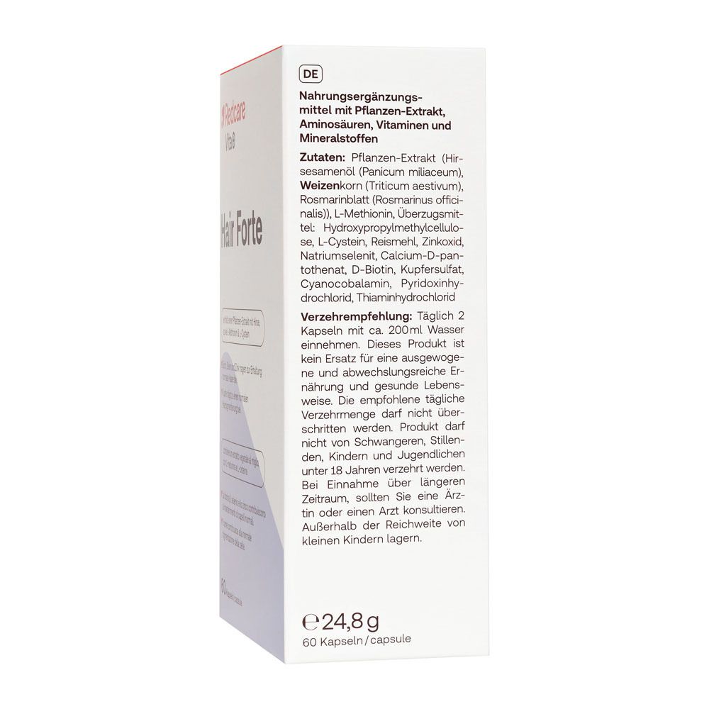 Zijkant verpakking Redcare Vita+ Hair Forte. Bevat informatie in het Duits.