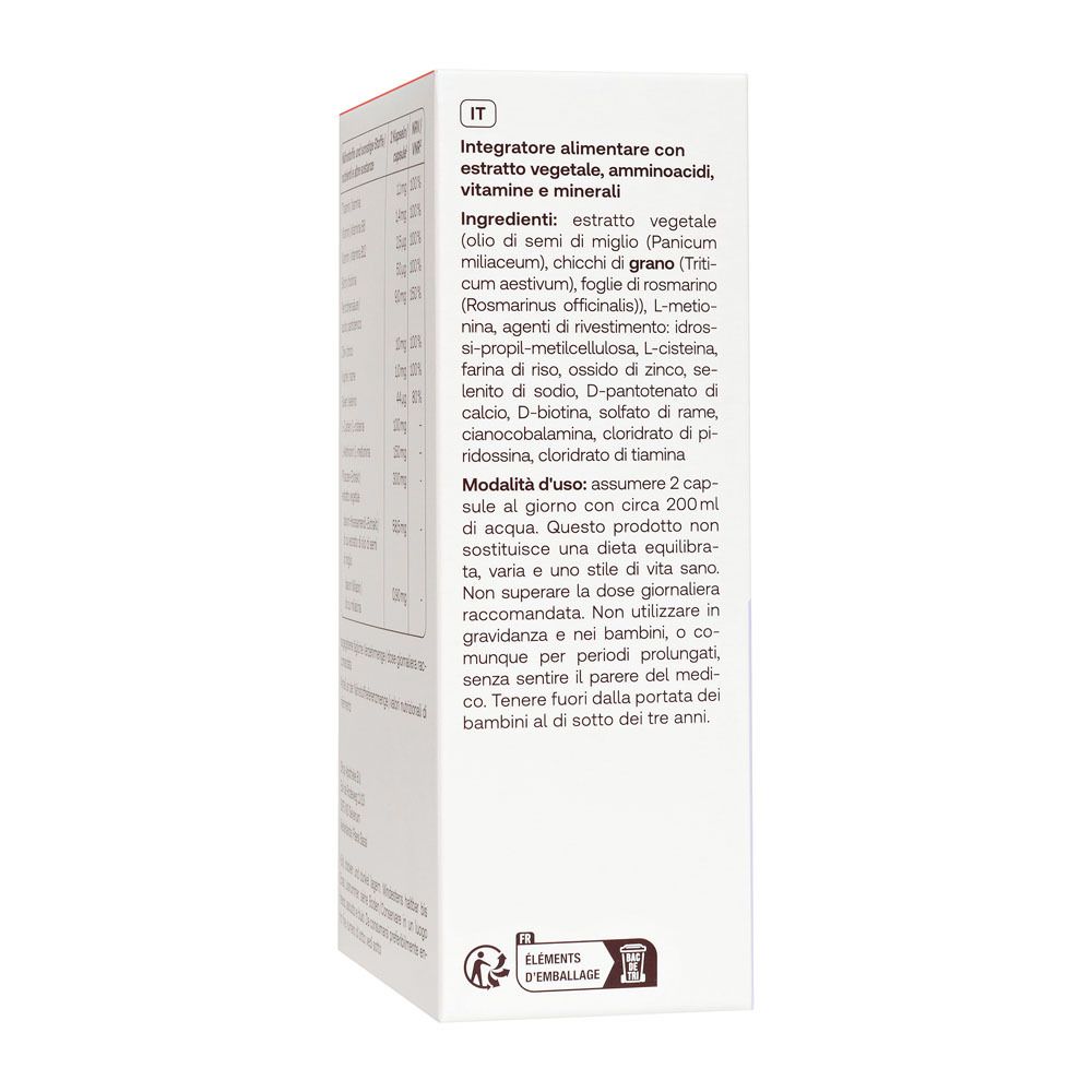 Zijkant verpakking Redcare Vita+ Hair Forte. Bevat informatie in het Italiaans.