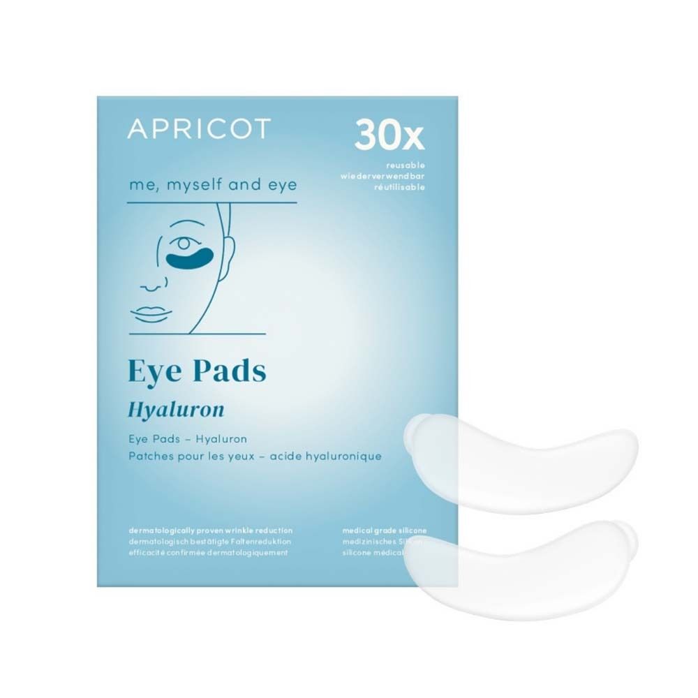 Verpakking met APRICOT Eye Pads met hyaluron. Bevat 30 pads. Opschrift: Eye Pads, Hyaluron, herbruikbaar.