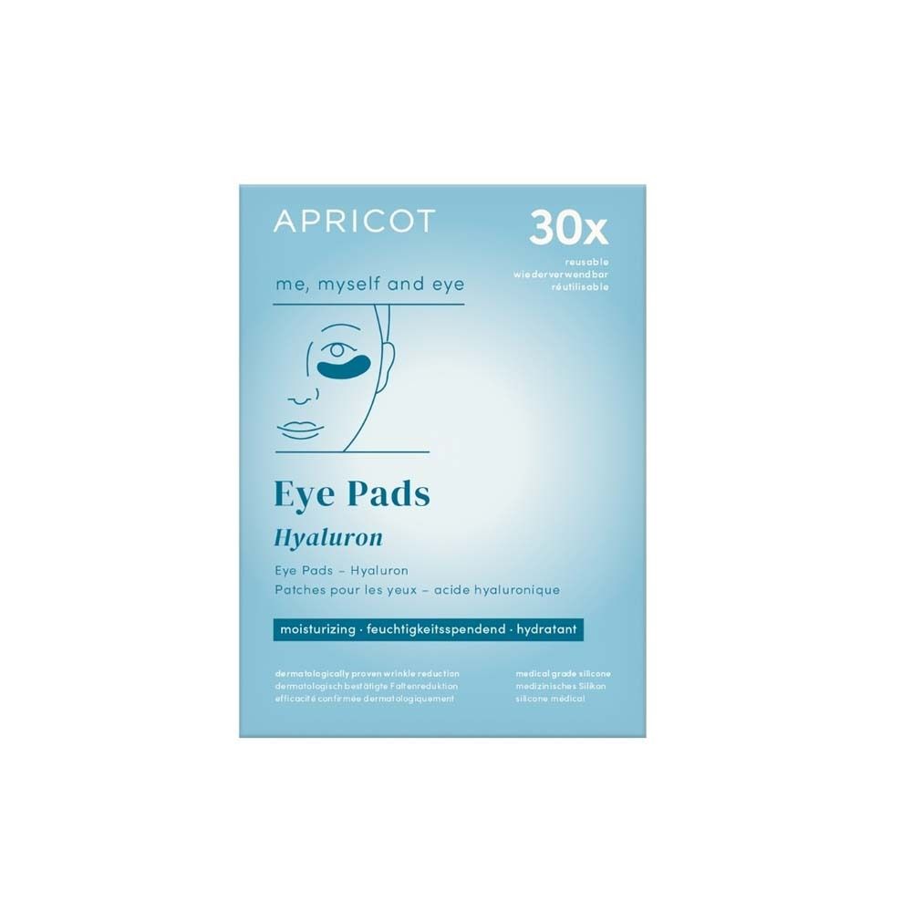 Verpakking met APRICOT Eye Pads met hyaluron. Opschrift: Eye Pads, Hyaluron, hydraterend. 30 stuks.