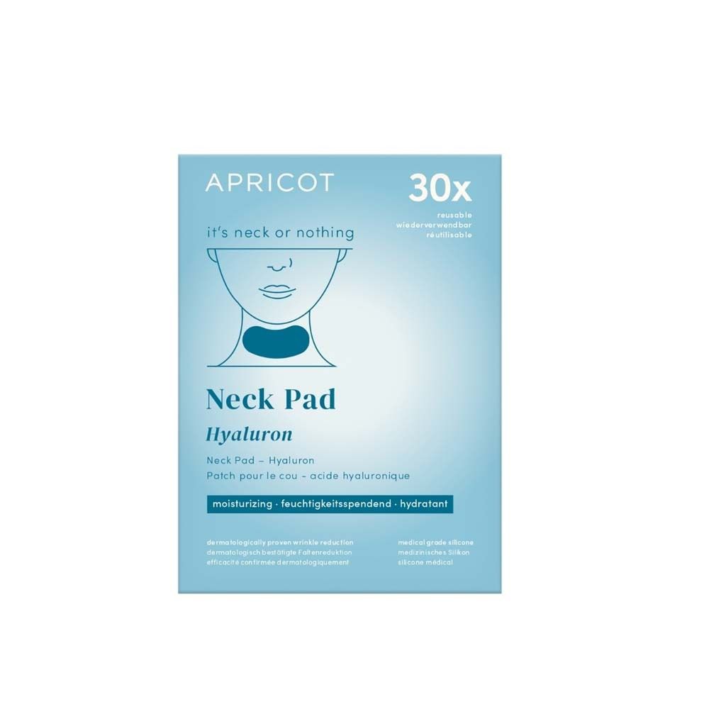 Verpakking voor nekpad met hyaluronzuur. Productnaam en informatie op blauwe achtergrond.