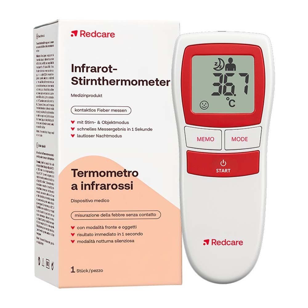 Infrarood voorhoofdthermometer en verpakking. Wit apparaat met rode accenten. Digitale temperatuurweergave. Verpakking met productnaam.