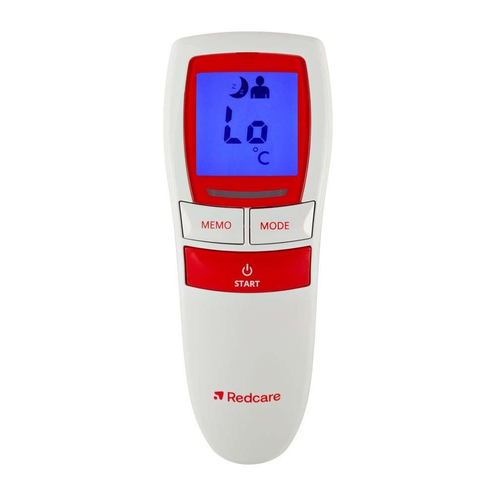 Witte voorhoofdthermometer met rode accenten. Display toont 'Lo' en graden Celsius. Rood Redcare-merk.