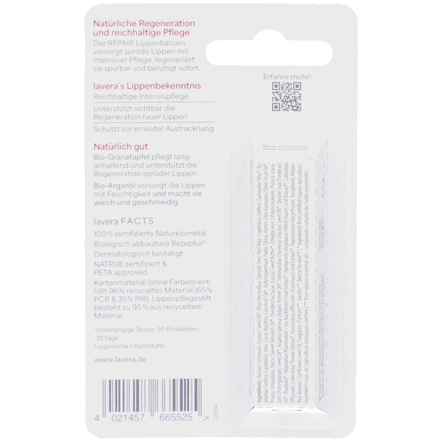 Achterkant van de lippenbalsemverpakking. Tekst in het Duits. Informatie over ingrediënten en certificeringen.