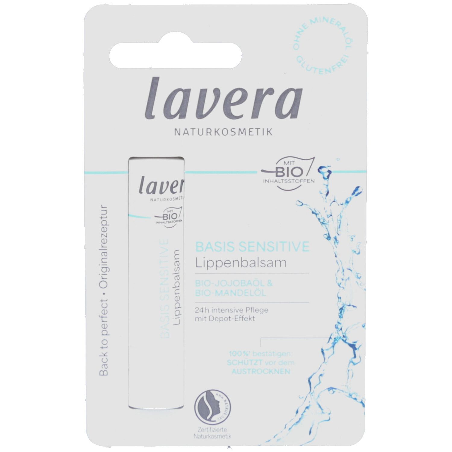 Baume à lèvres dans un emballage blister. Marque lavera. Texte : Basis Sensitive, ingrédients bio. Étui blanc avec produit et illustration d'eau.