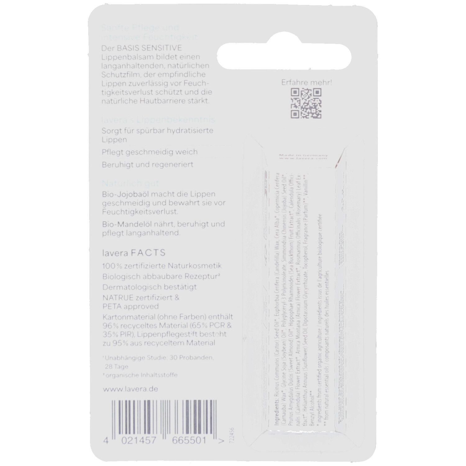 Dos de l'emballage du baume à lèvres. Texte : Basis Sensitive, ingrédients, lavera Facts. Code QR et code-barres. Fond blanc.