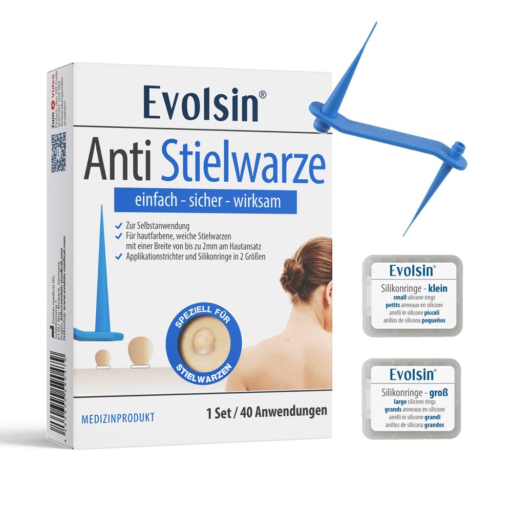 Verpakking Evolsin Anti Stielwarze. Bevat applicator en siliconen ringen. Medisch hulpmiddel.