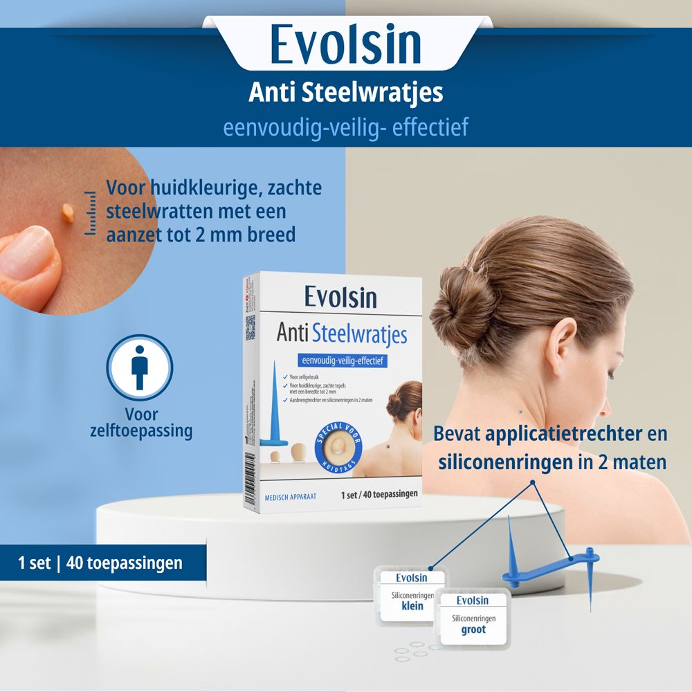 Evolsin Anti Stielwarzen: productverpakking, applicator en siliconenringen voor steelwratverwijdering.