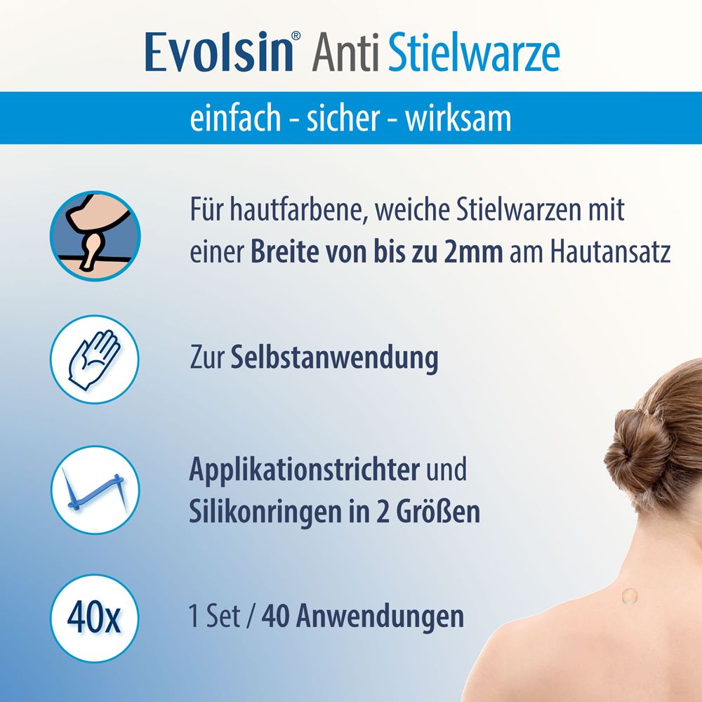Infographic: Eigenschappen Evolsin Anti Stielwarze. Voor wratten tot 2mm. 40 toepassingen.