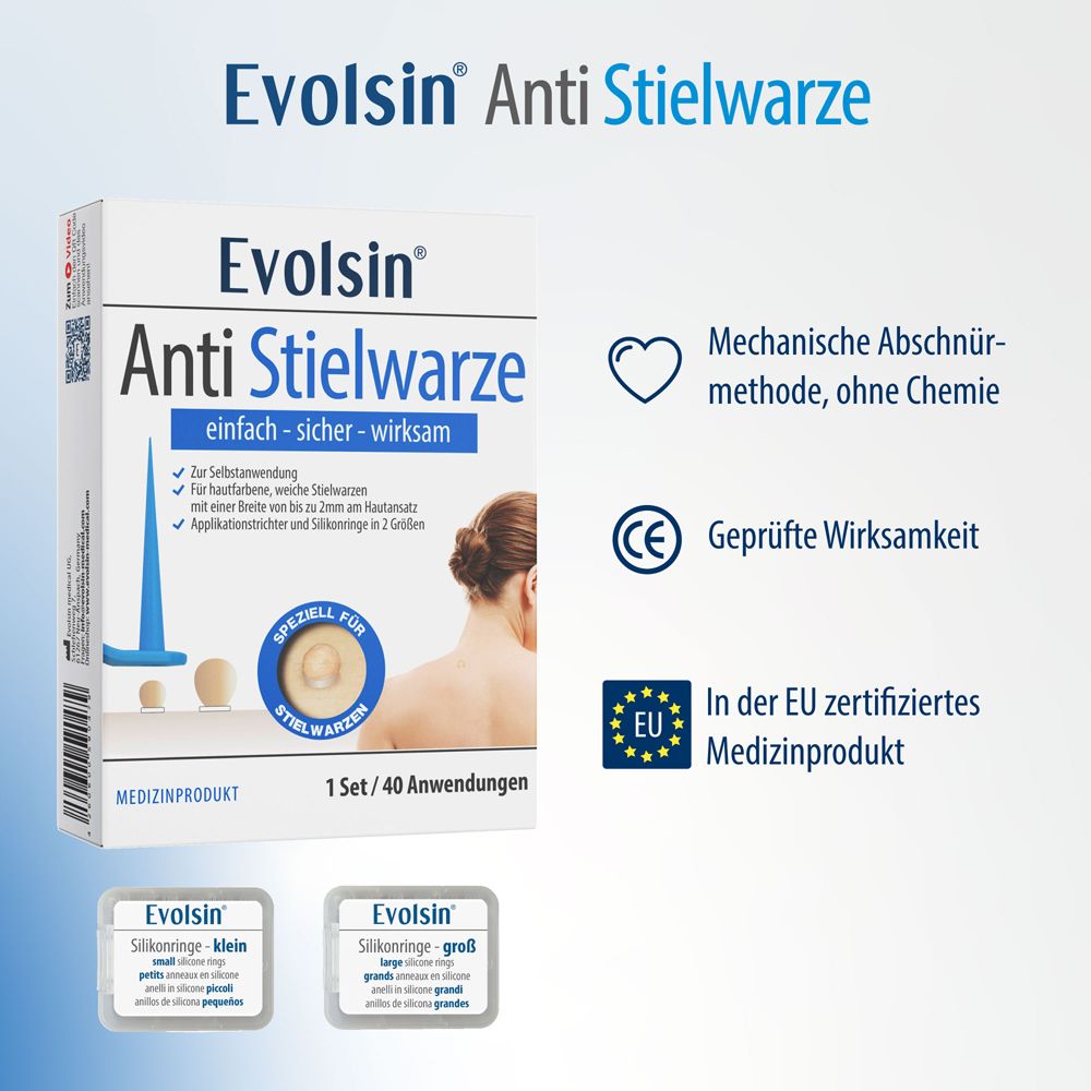 Verpakking Evolsin Anti Stielwarze. Medisch hulpmiddel. Bevat applicator en siliconen ringen.