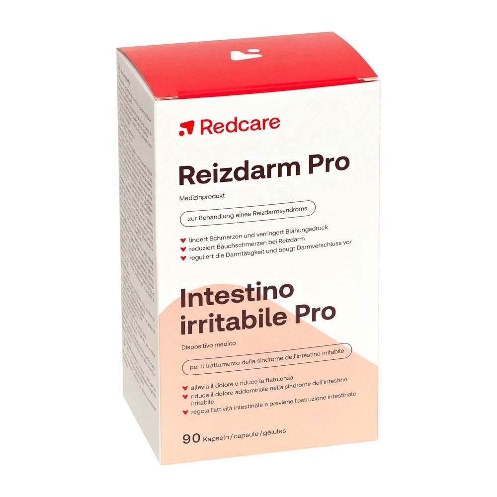 Witte doos met rode deksel. Opschrift: Redcare Prikkelbare Darm Pro. 90 capsules. Tekst in het Duits en Italiaans.