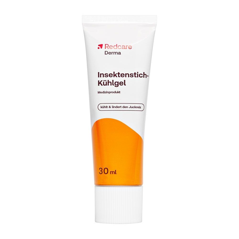 Tube Redcare Derma Gel Rafraîchissant Anti-Piqûres, 30ml, avec bouchon blanc et accent orange.