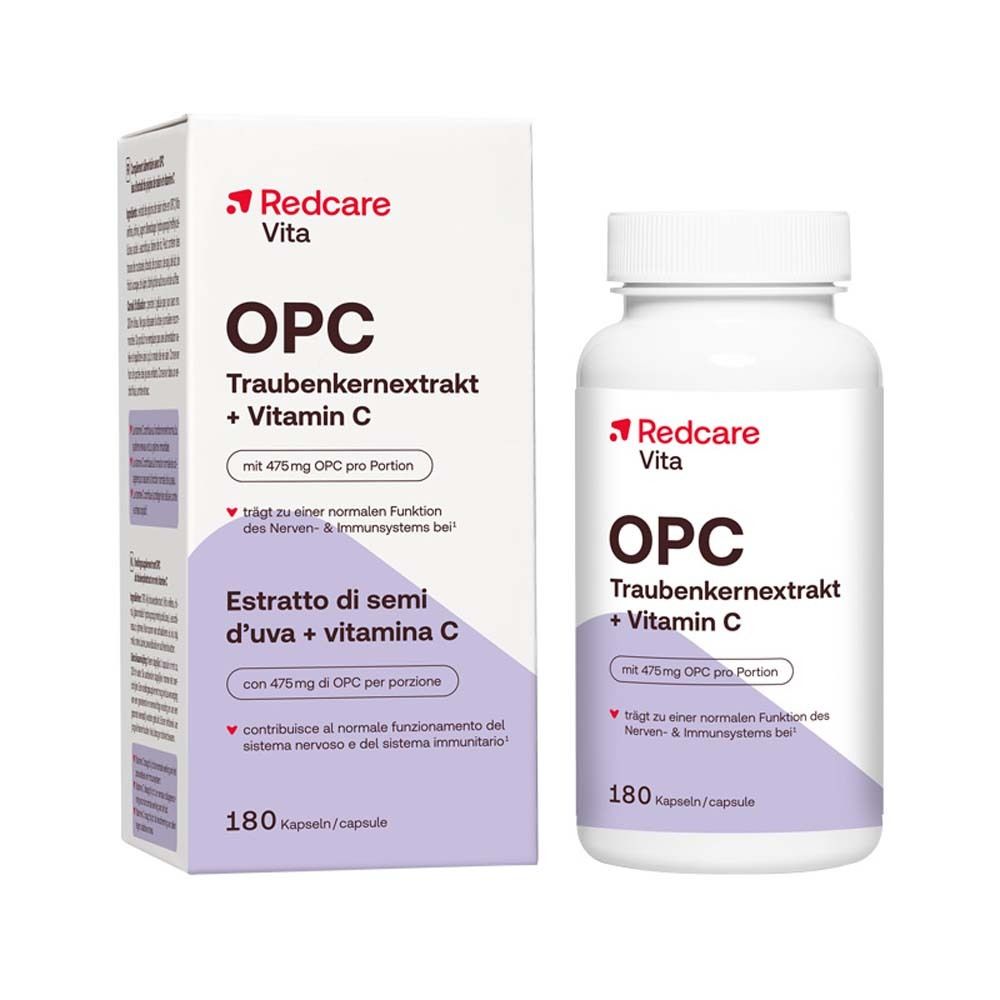 Witte fles met capsules. Opschrift: Redcare Vita OPC Druivenpitextract + Vitamine C. 180 capsules.