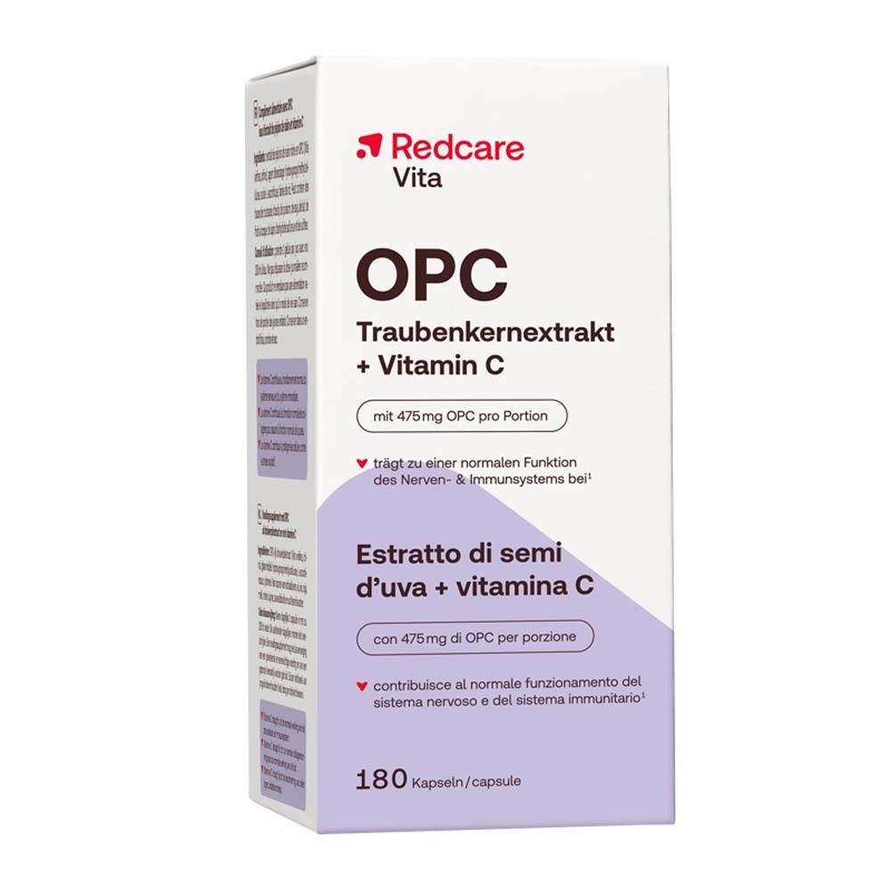 Verpakking met capsules. Opschrift: Redcare Vita OPC Druivenpitextract + Vitamine C. 180 capsules.