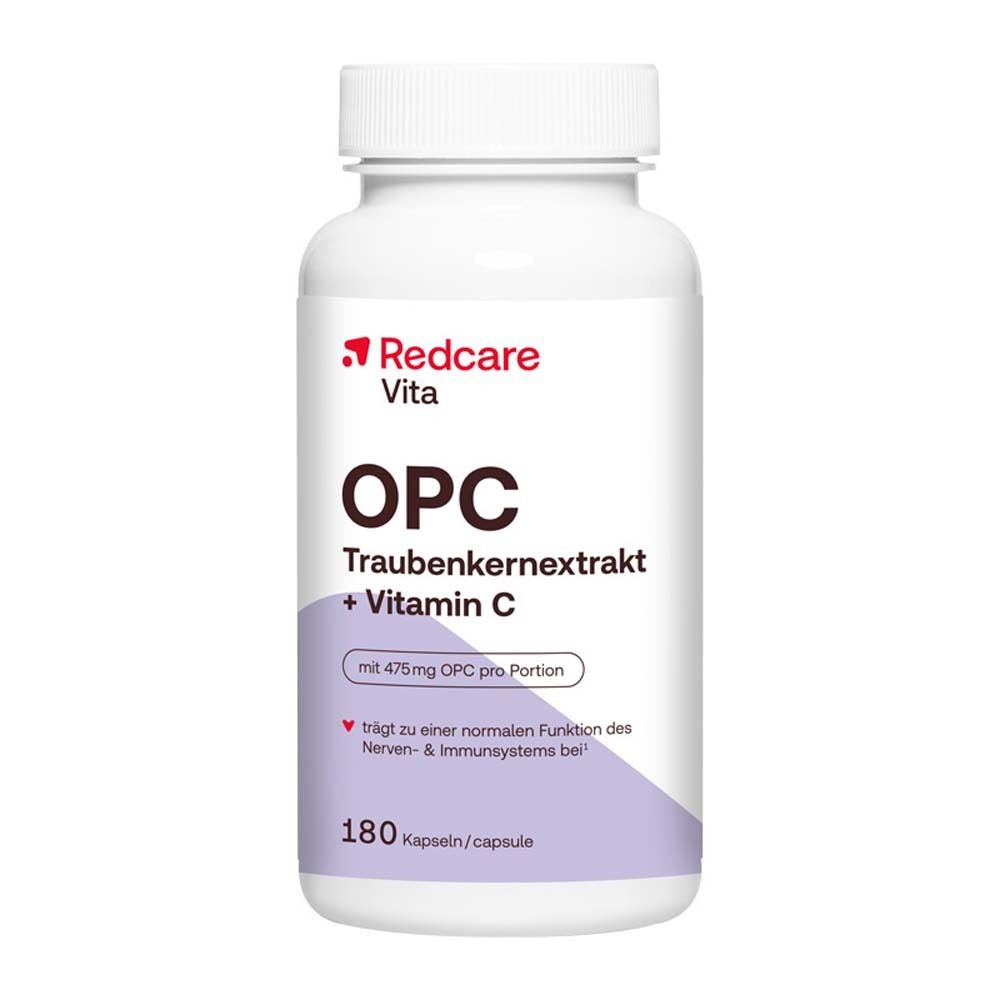 Witte fles met capsules. Opschrift: Redcare Vita OPC Druivenpitextract + Vitamine C. 180 capsules.