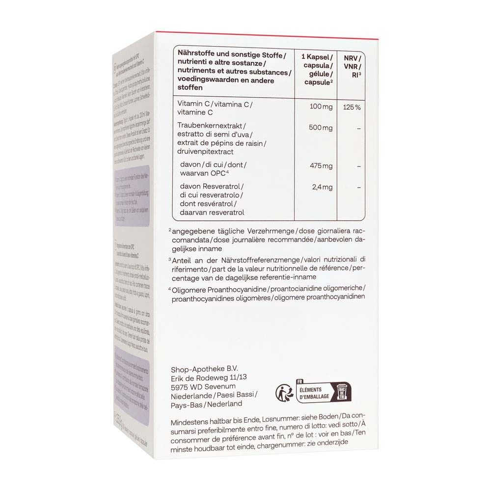 Dos de la boîte avec informations nutritionnelles Redcare Vita OPC + Vitamine C.