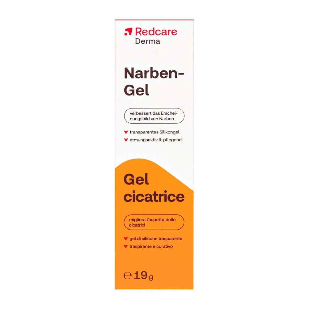 Redcare Derma Narben-Gel, verpakking. Witte verpakking met oranje vlak. 19g.