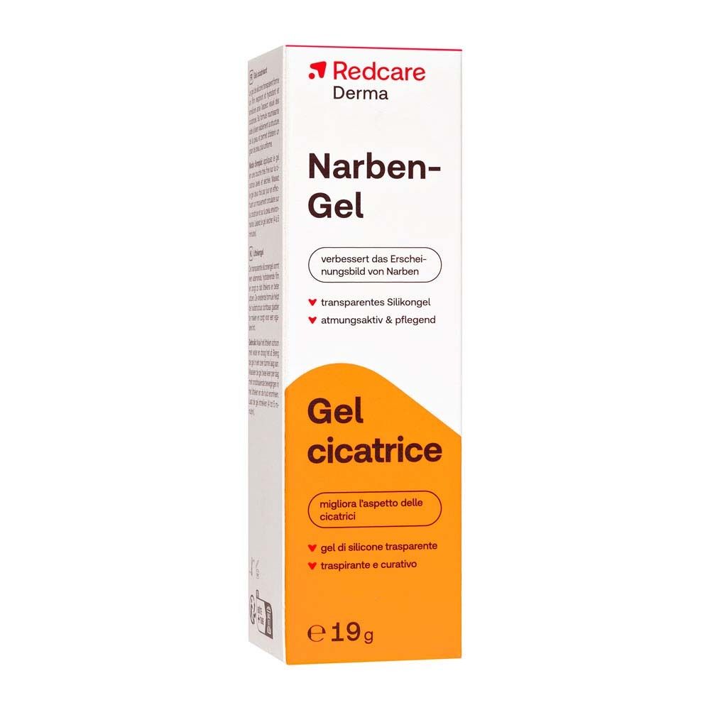Redcare Derma Narben-Gel, verpakking. Witte verpakking met oranje vlak. 19g.