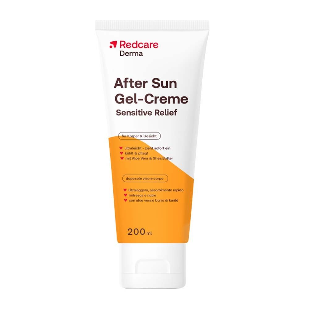 Tube blanche Redcare Derma After Sun Gel-Creme. Accents orange. Texte: After Sun Gel-Creme Sensitive Relief. 200 ml.