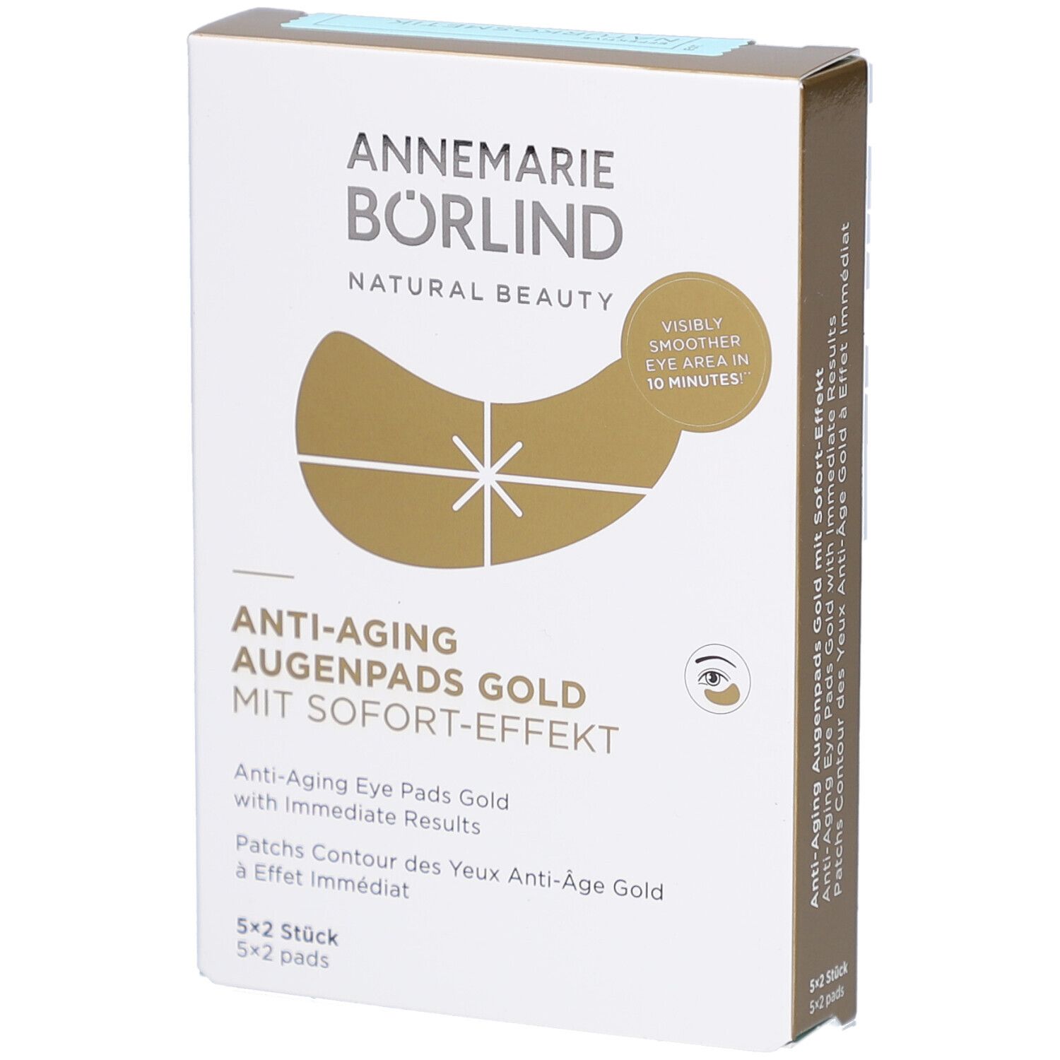 Verpakking oogpads. Merk: ANNEMARIE BÖRLIND. Productnaam: Anti-Aging Augenpads Gold. Met direct effect. 5x2 stuks.