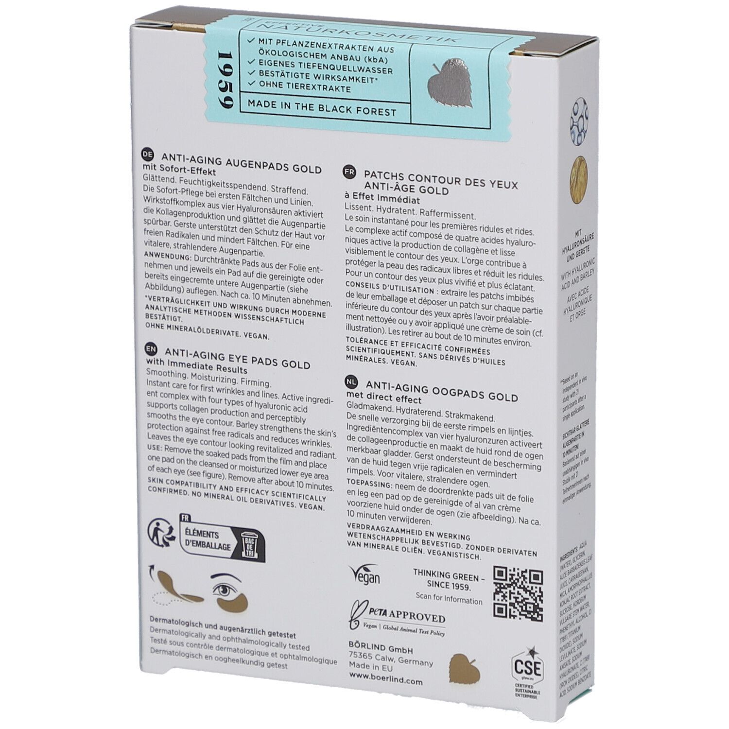 Achterkant verpakking oogpads. Merk: ANNEMARIE BÖRLIND. Productnaam: Anti-Aging Augenpads Gold. Vegan. Certificeringen.