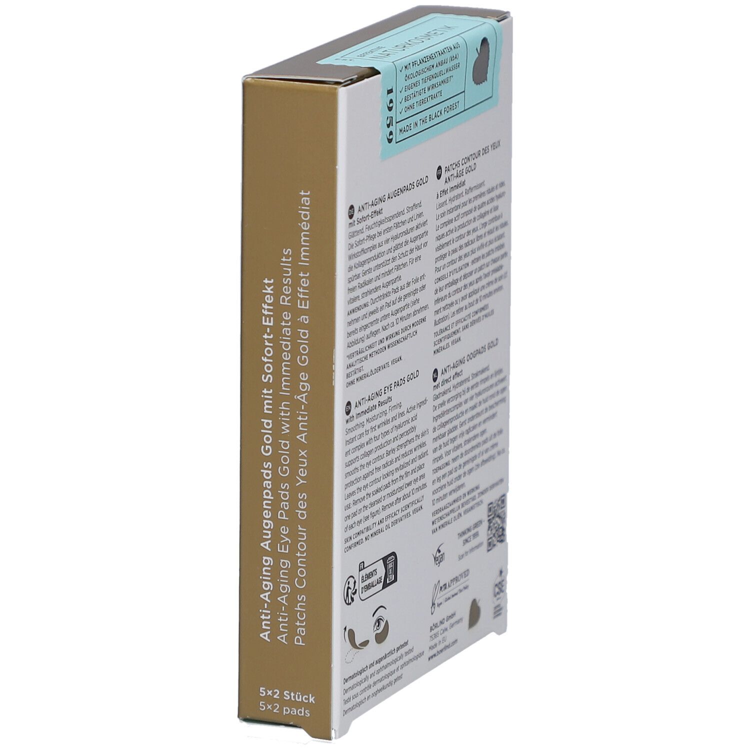 Verpakking oogpads. Merk: ANNEMARIE BÖRLIND. Productnaam: Anti-Aging Augenpads Gold. Met direct effect. Achterkant.