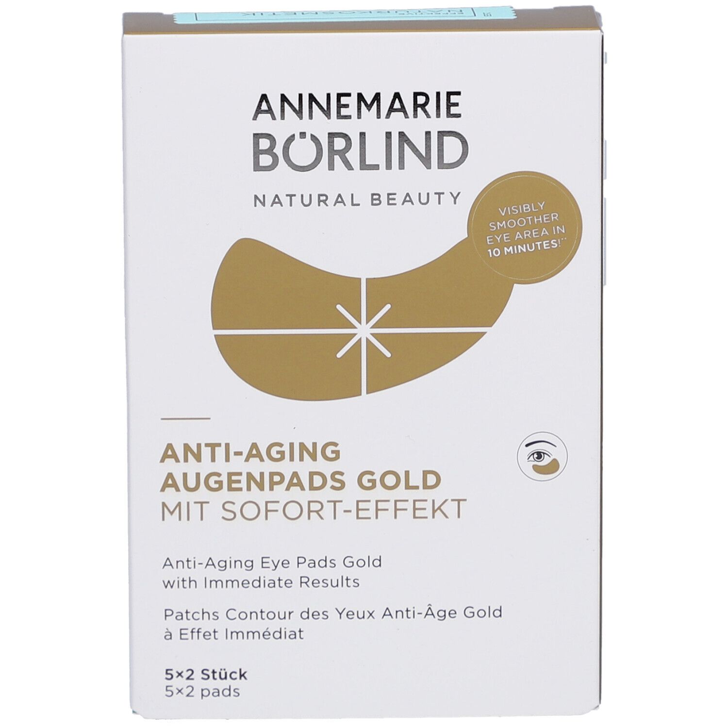 Verpakking oogpads. Merk: ANNEMARIE BÖRLIND. Productnaam: Anti-Aging Augenpads Gold. Met direct effect. 5x2 stuks.