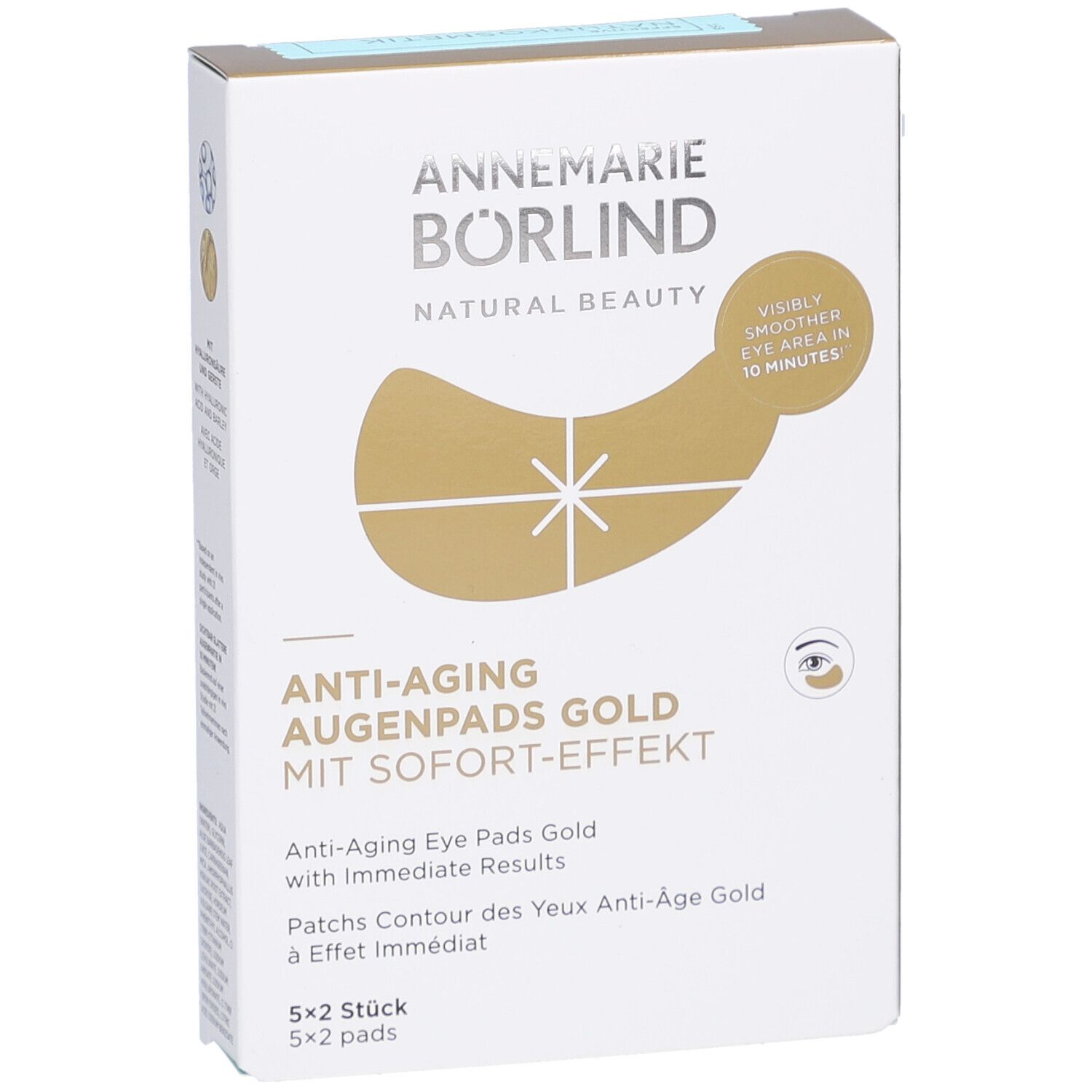 Verpakking oogpads. Merk: ANNEMARIE BÖRLIND. Productnaam: Anti-Aging Augenpads Gold. Met direct effect. 5x2 stuks.
