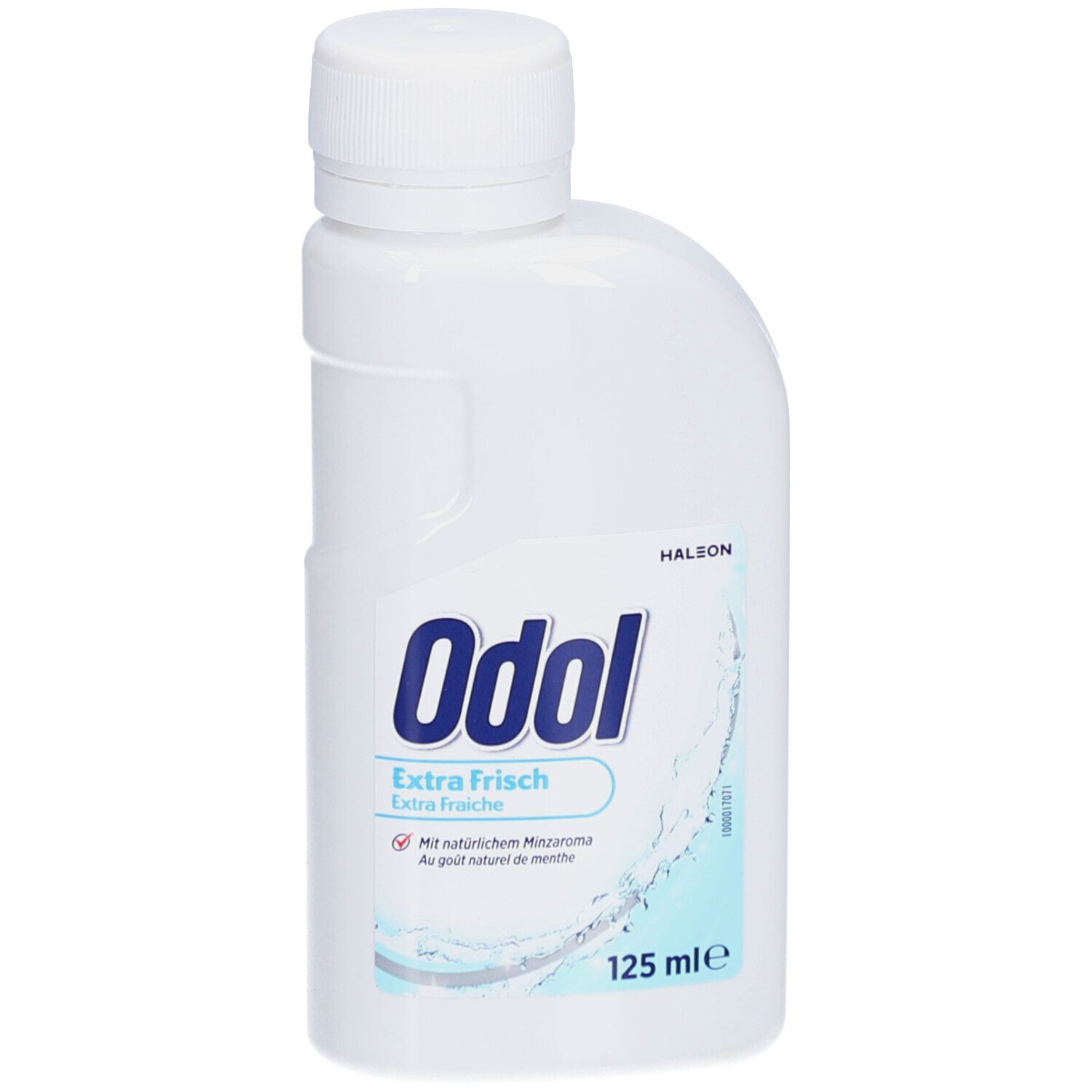 Witte fles met blauw etiket. Opschrift: Odol Extra Frisch. 125 ml. Met natuurlijk muntaroma.