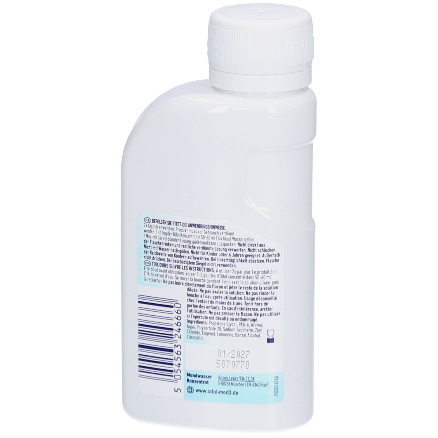 Achterkant van de witte fles. Tekst in meerdere talen. Streepjescode en vervaldatum 01/2027.